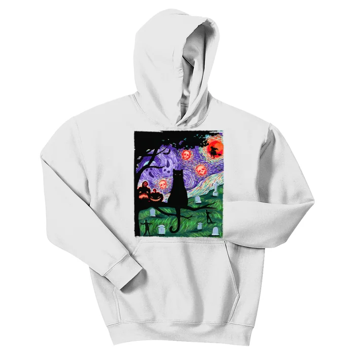 Scary Night Cat Van Gogh Cat Black Halloween Pumpkin Art Kids Hoodie