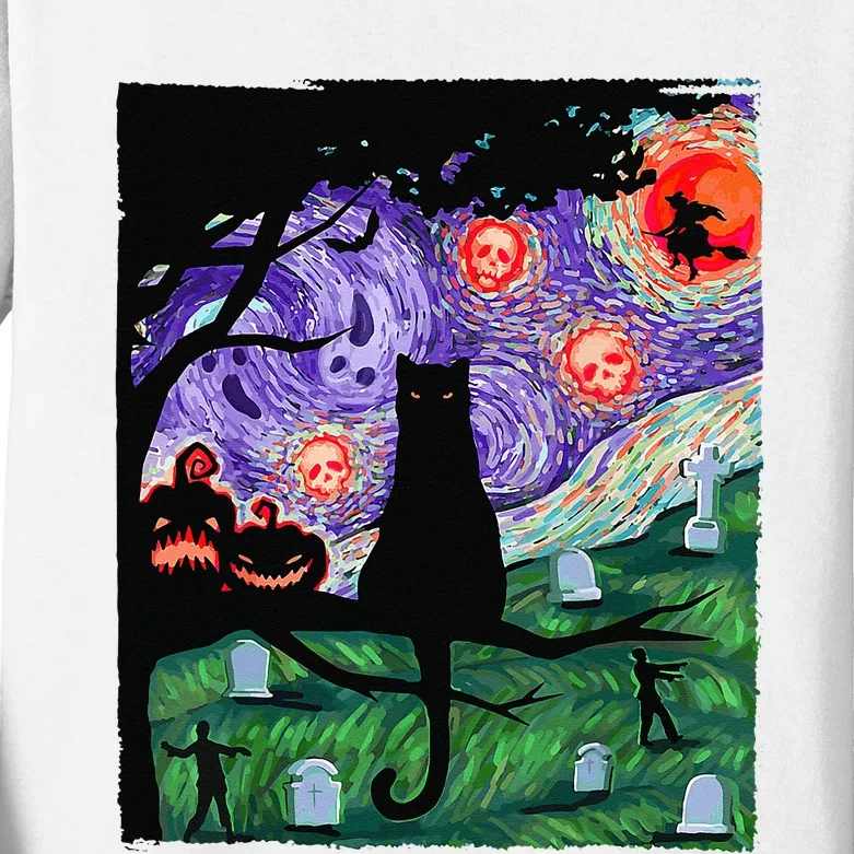 Scary Night Cat Van Gogh Cat Black Halloween Pumpkin Art Kids Long Sleeve Shirt