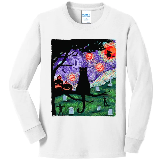 Scary Night Cat Van Gogh Cat Black Halloween Pumpkin Art Kids Long Sleeve Shirt