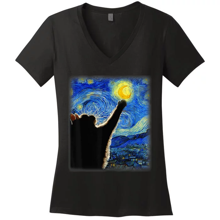 Starry Night Cat, Van Gogh Cat, Cat Lover, Cat Mom, Cat Dad Women's V-Neck T-Shirt