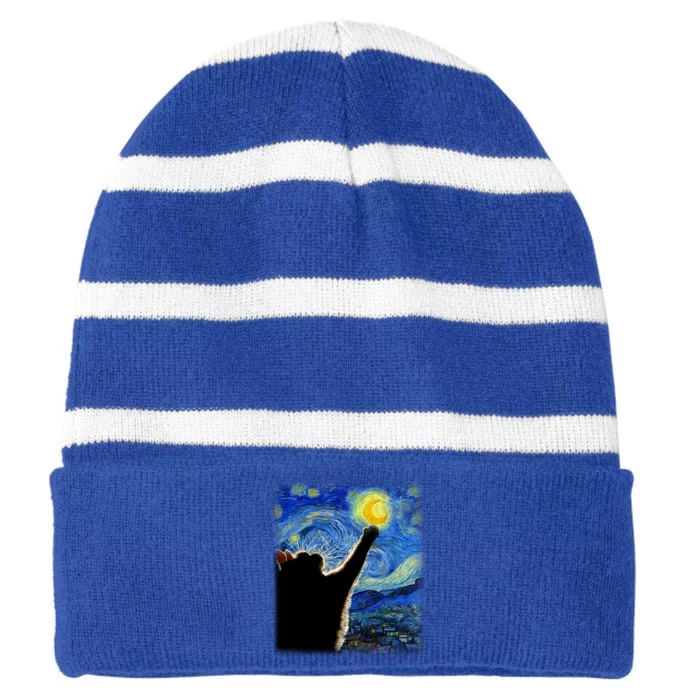 Starry Night Cat Van Gogh Cat Cat Lover Cat Mom Cat Dad Gift Striped Beanie with Solid Band