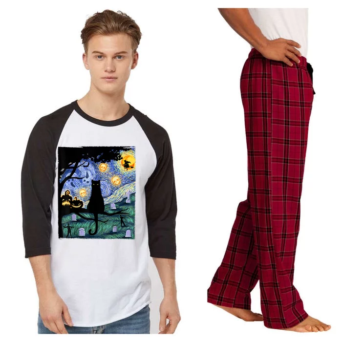 Scary Night Cat Tee, Van Gogh Gift, Halloween Raglan Sleeve Pajama Set