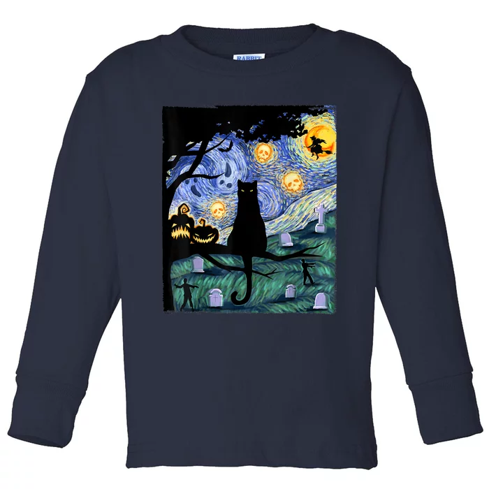 Scary Night Cat Tee, Van Gogh Gift, Halloween Toddler Long Sleeve Shirt