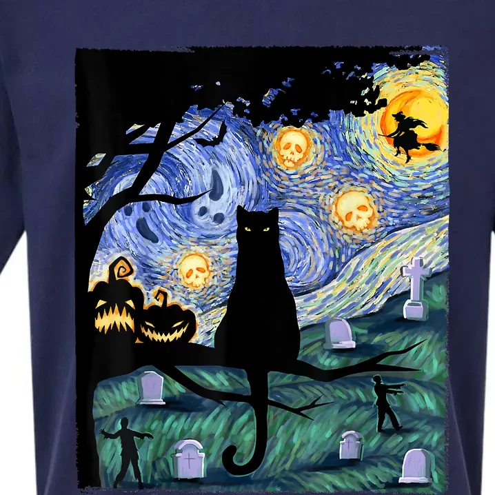 Scary Night Cat Tee, Van Gogh Gift, Halloween Sueded Cloud Jersey T-Shirt