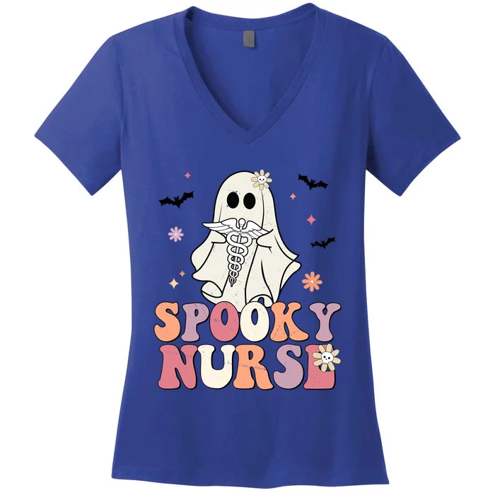 Spooky Nurse Ghost Halloween Groovy Retro Boo Boo Crew Nurse Funny Gift Women's V-Neck T-Shirt