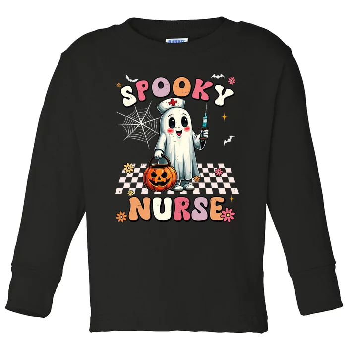 Spooky Nurse Ghost Halloween Cute Groovy Nursing Halloween Toddler Long Sleeve Shirt