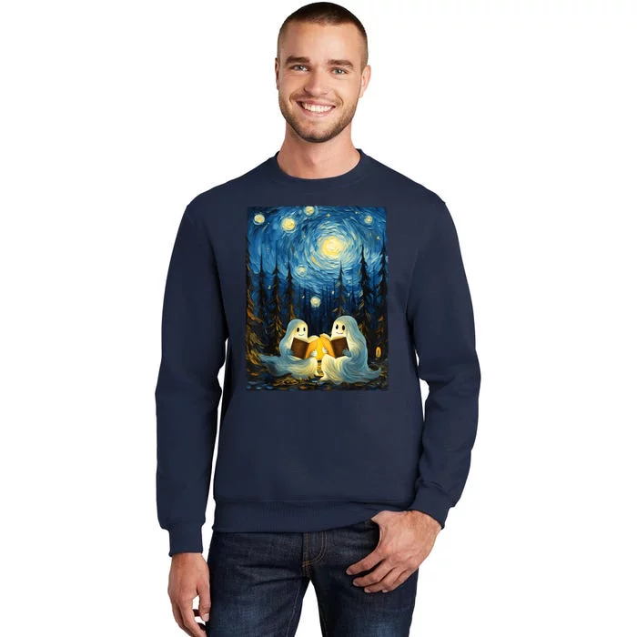 Starry Night Ghost Book Reading Camping Halloween Van Gogh Tall Sweatshirt