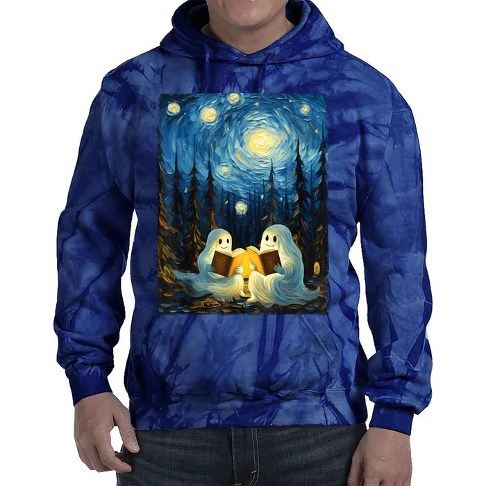 Starry Night Ghost Book Reading Camping Halloween Van Gogh Tie Dye Hoodie