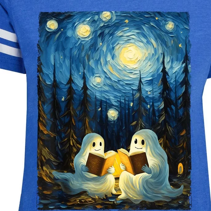 Starry Night Ghost Book Reading Camping Halloween Van Gogh Enza Ladies Jersey Football T-Shirt