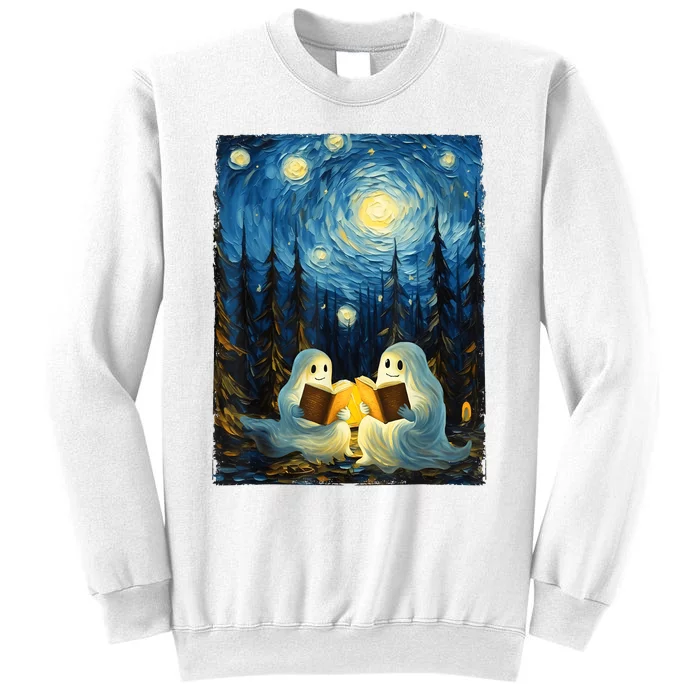 Starry Night Ghost Book Reading Camping Halloween Van Gogh Sweatshirt