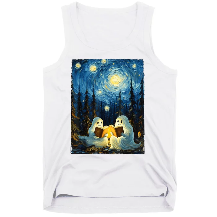 Starry Night Ghost Book Reading Camping Halloween Van Gogh Tank Top