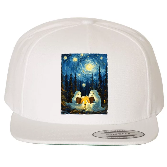 Starry Night Ghost Book Reading Camping Halloween Van Gogh Wool Snapback Cap