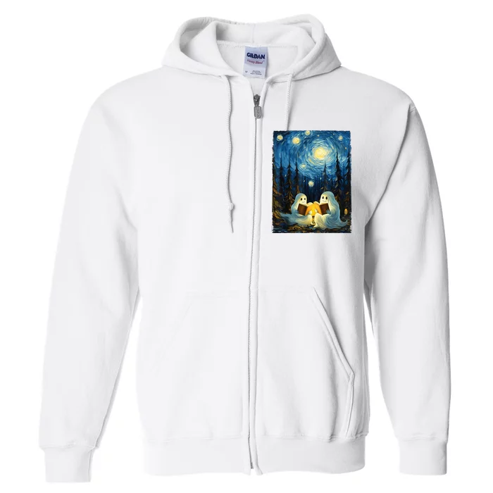 Starry Night Ghost Book Reading Camping Halloween Van Gogh Full Zip Hoodie