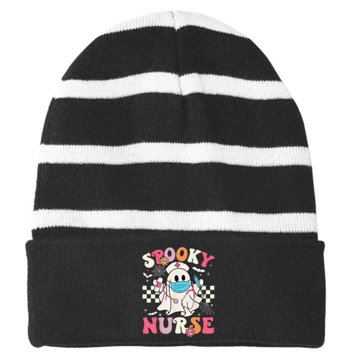 Spooky Nurse Ghost Halloween Cute Groovy Nursing Halloween Gift Striped Beanie with Solid Band