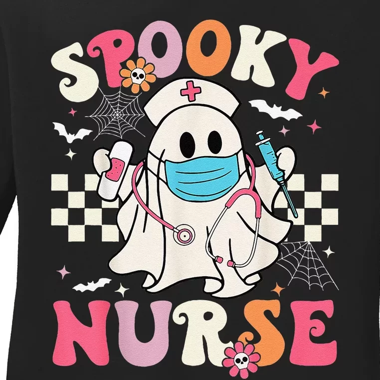 Spooky Nurse Ghost Halloween Cute Groovy Nursing Halloween Gift Ladies Long Sleeve Shirt