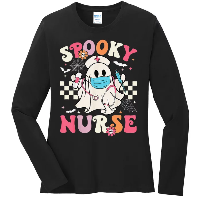 Spooky Nurse Ghost Halloween Cute Groovy Nursing Halloween Gift Ladies Long Sleeve Shirt