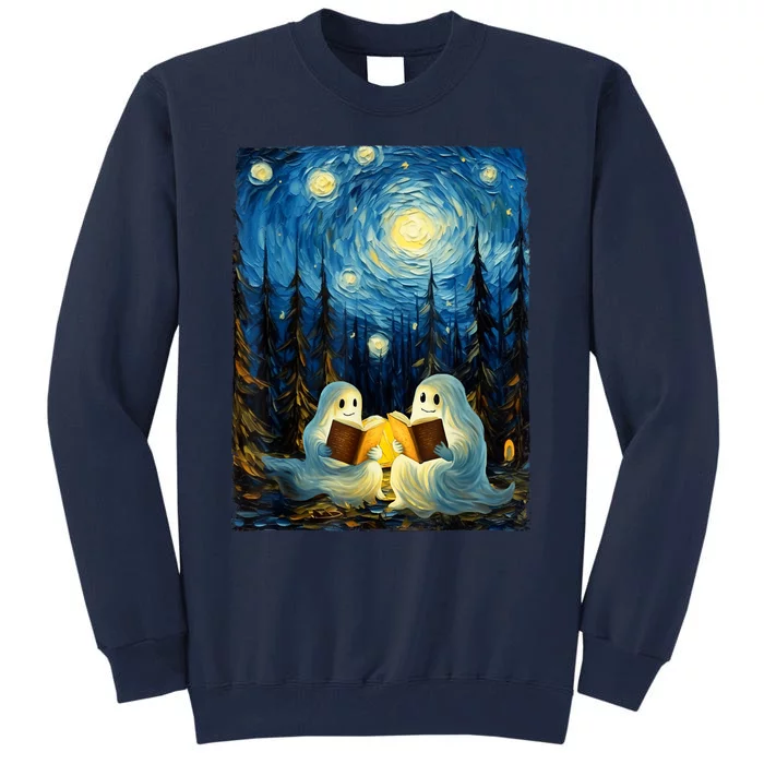 Starry Night Ghost Book Reading Camping Halloween Van Gogh Tall Sweatshirt