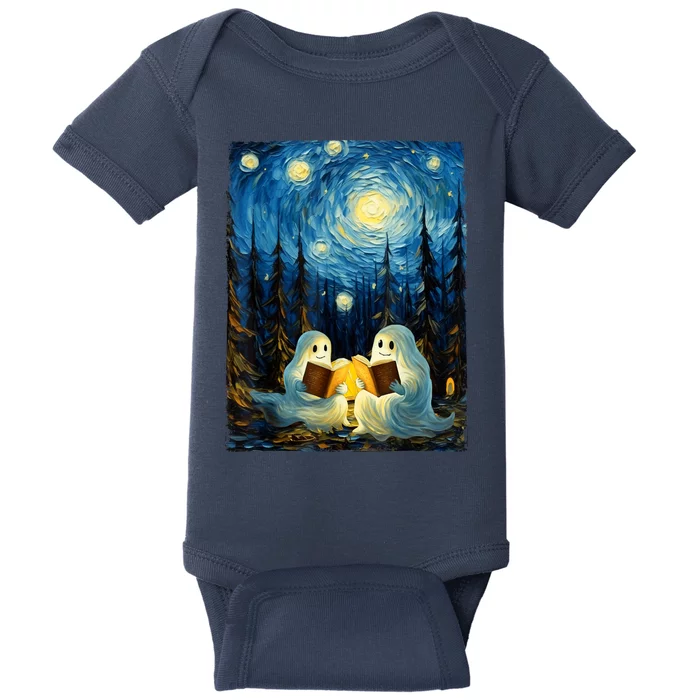 Starry Night Ghost Book Reading Camping Halloween Van Gogh Baby Bodysuit