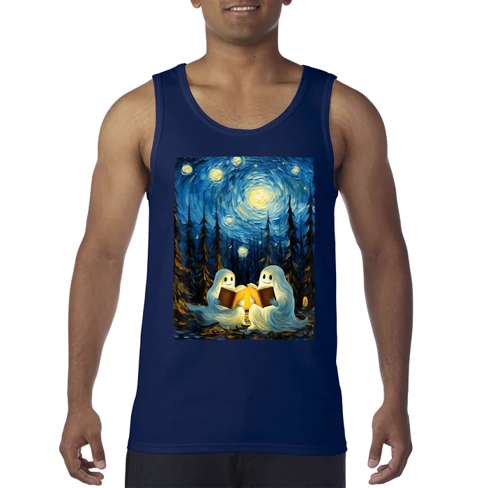 Starry Night Ghost Book Reading Camping Halloween Van Gogh Tank Top