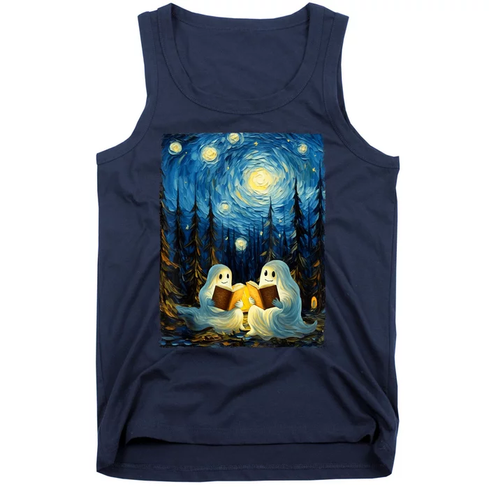 Starry Night Ghost Book Reading Camping Halloween Van Gogh Tank Top