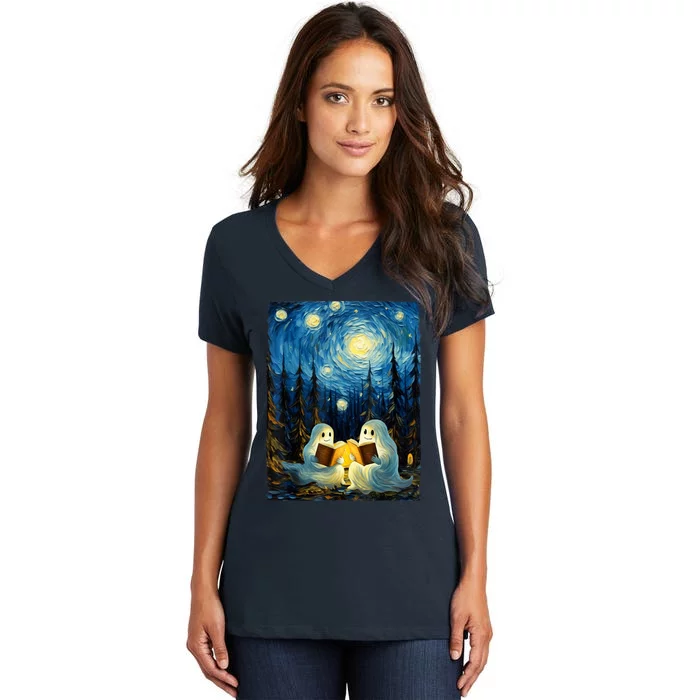 Starry Night Ghost Book Reading Camping Halloween Van Gogh Women's V-Neck T-Shirt