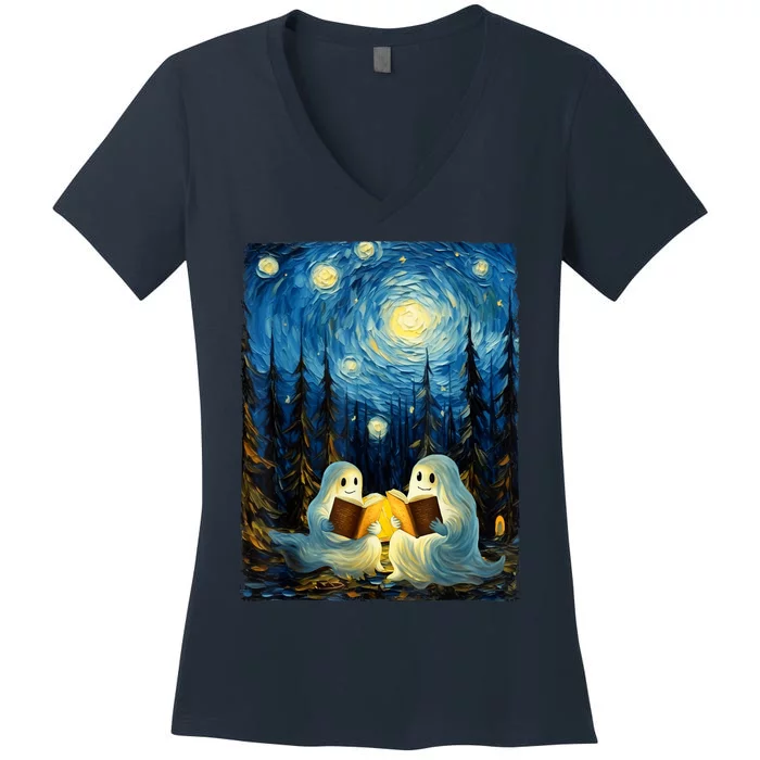 Starry Night Ghost Book Reading Camping Halloween Van Gogh Women's V-Neck T-Shirt