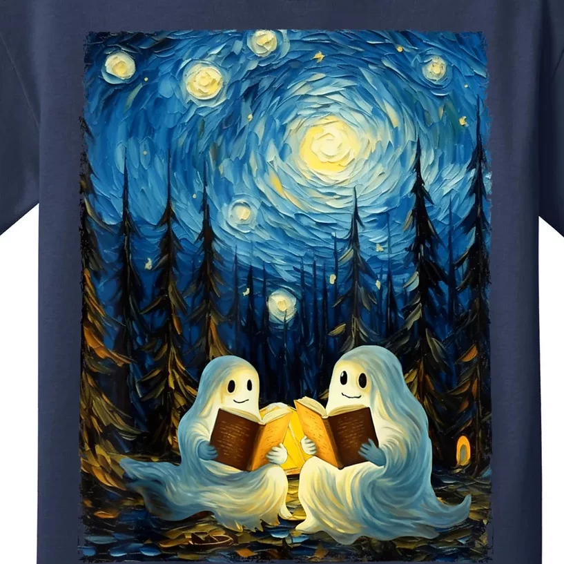 Starry Night Ghost Book Reading Camping Halloween Van Gogh Kids T-Shirt