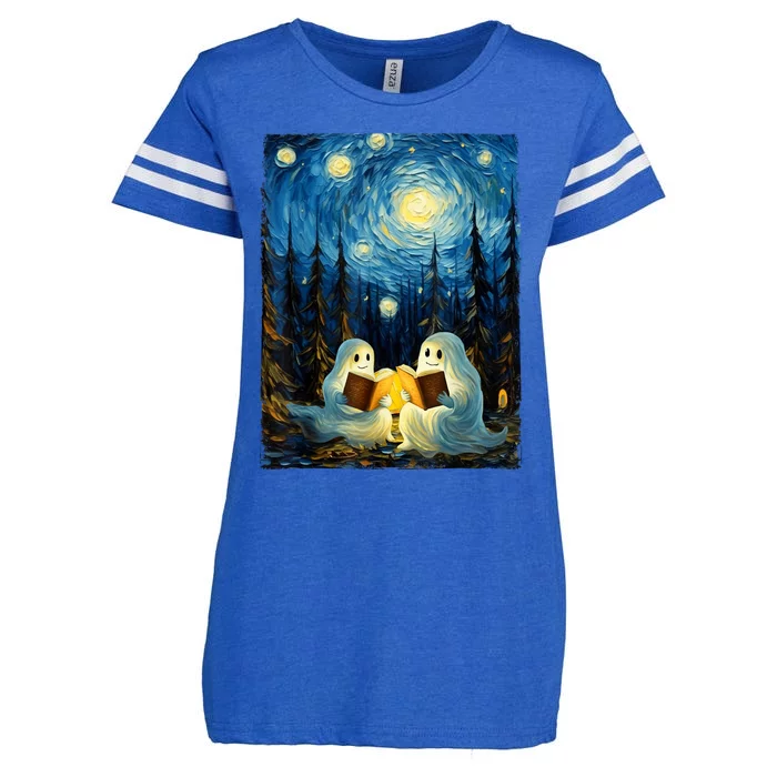 Starry Night Ghost Book Reading Camping Halloween Van Gogh Enza Ladies Jersey Football T-Shirt