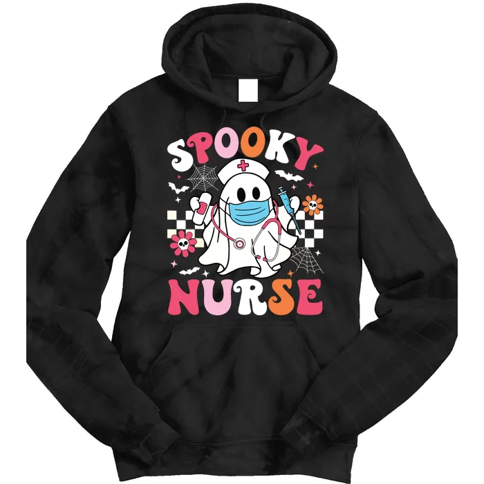 Spooky Nurse Ghost Halloween Cute Groovy Nursing Halloween Tie Dye Hoodie