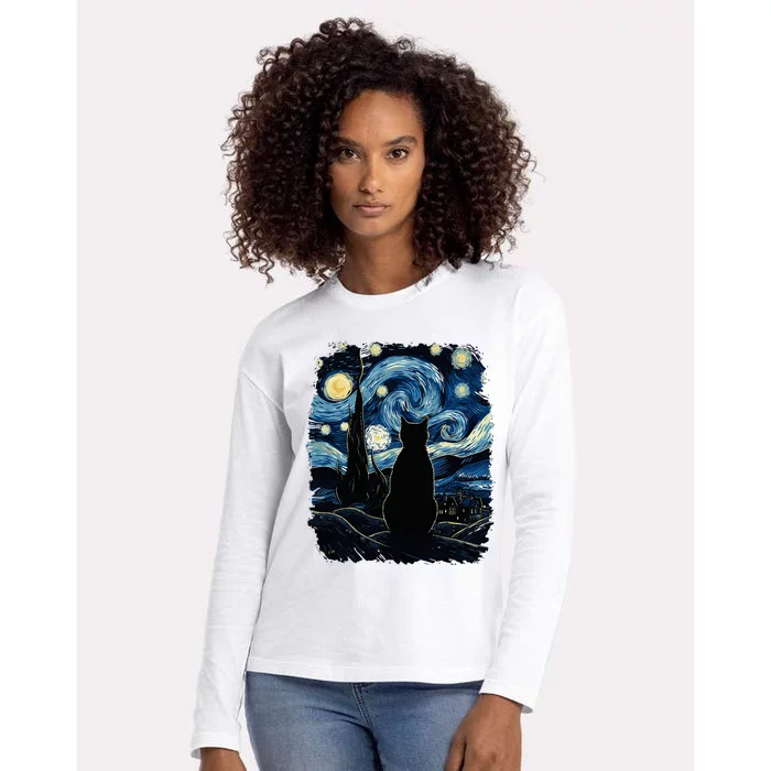 Starry Night Inspired Cat Gifts Funny Cat Womens Cotton Relaxed Long Sleeve T-Shirt