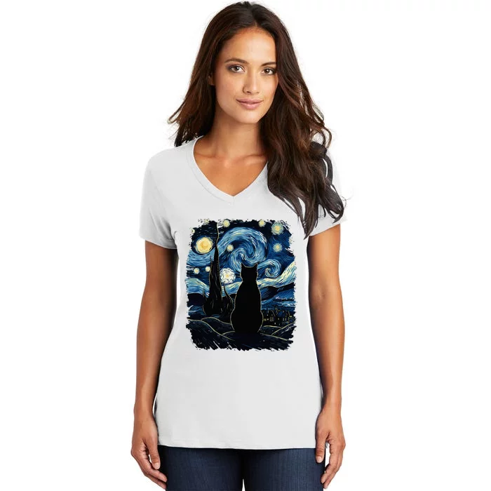 Starry Night Inspired Cat Gifts Funny Cat Women's V-Neck T-Shirt