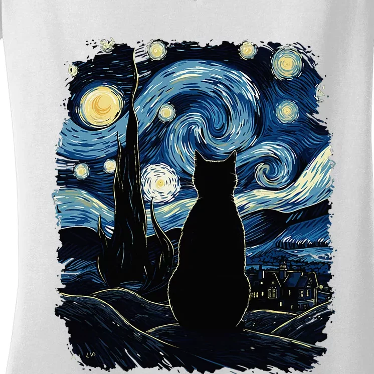 Starry Night Inspired Cat Gifts Funny Cat Women's V-Neck T-Shirt