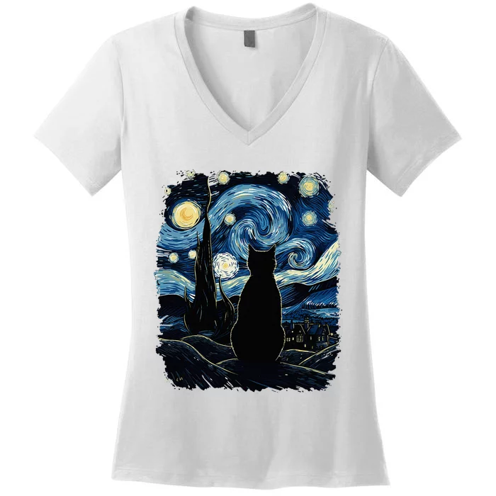 Starry Night Inspired Cat Gifts Funny Cat Women's V-Neck T-Shirt