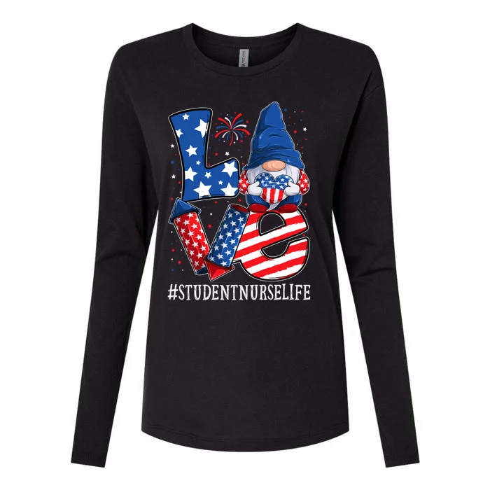 Student Nurse Love 4th Of July Gnome Usa Patriotic Cute Gift Womens Cotton Relaxed Long Sleeve T-Shirt