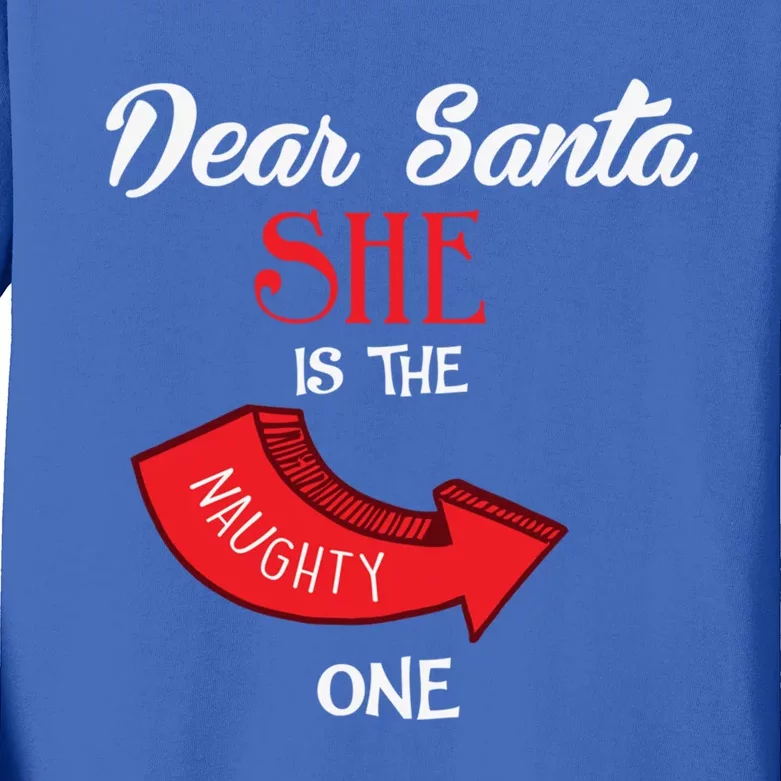 SantaS Naughty List Couple Outfits SheS Is The Naughty One Gift Kids Long Sleeve Shirt