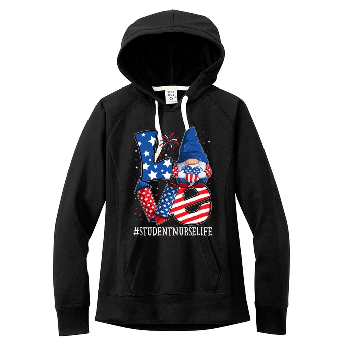 Student Nurse Love 4th Of July Gnome Usa Patriotic Cute Gift Women's Fleece Hoodie