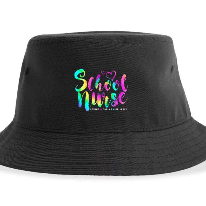 School Nurse Loving Caring Reliable Nursing Tie Dye Sustainable Bucket Hat