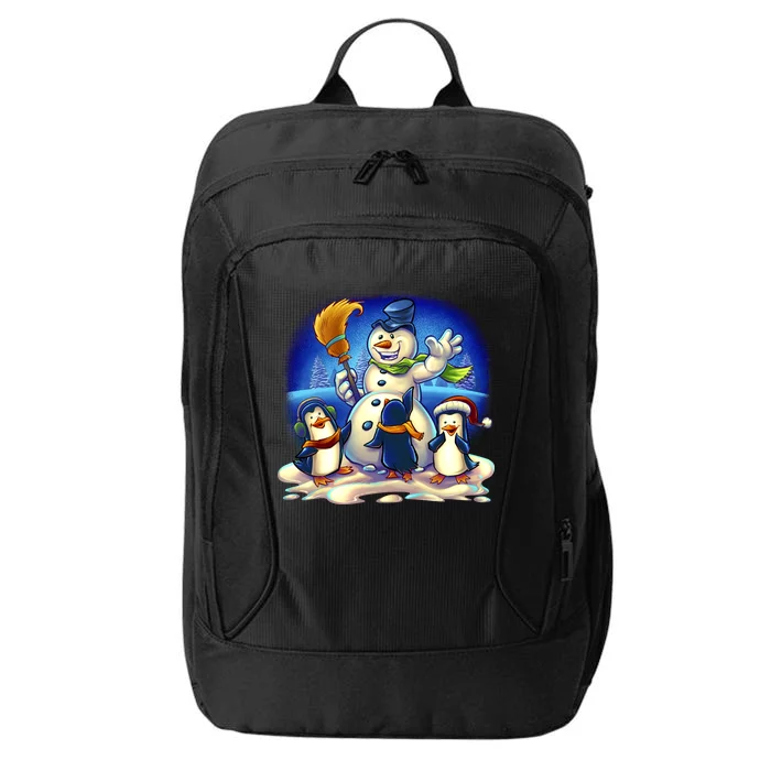 Snowman With Penguins Having Fun City Backpack