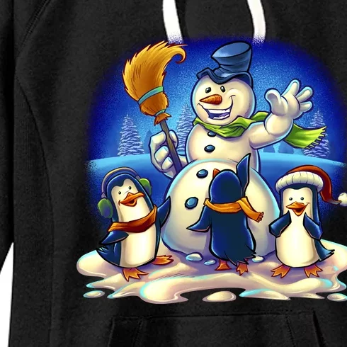 Snowman With Penguins Having Fun Women's Fleece Hoodie