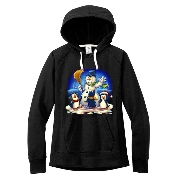 Snowman With Penguins Having Fun Women's Fleece Hoodie