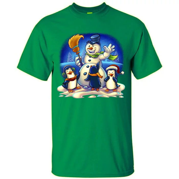 Snowman With Penguins Having Fun Tall T-Shirt