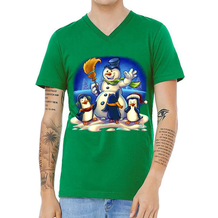 Snowman With Penguins Having Fun V-Neck T-Shirt