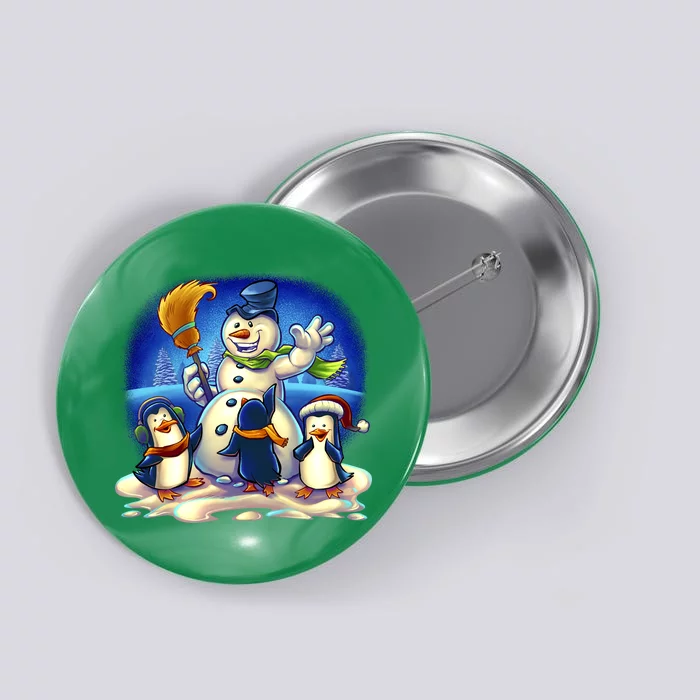 Snowman With Penguins Having Fun Button