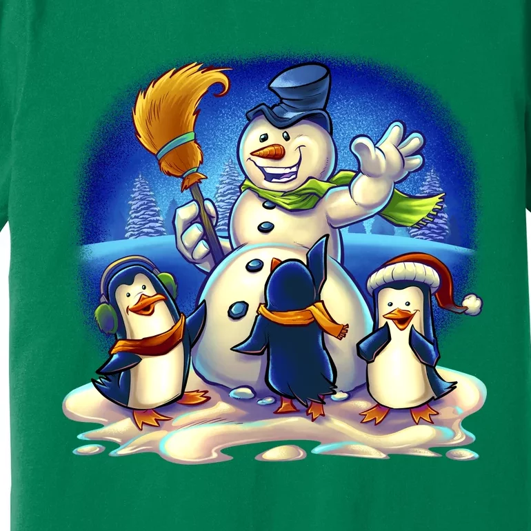 Snowman With Penguins Having Fun Premium T-Shirt