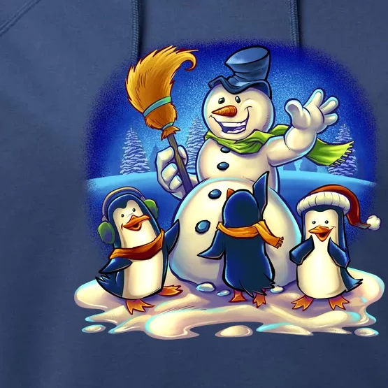 Snowman With Penguins Having Fun Performance Fleece Hoodie