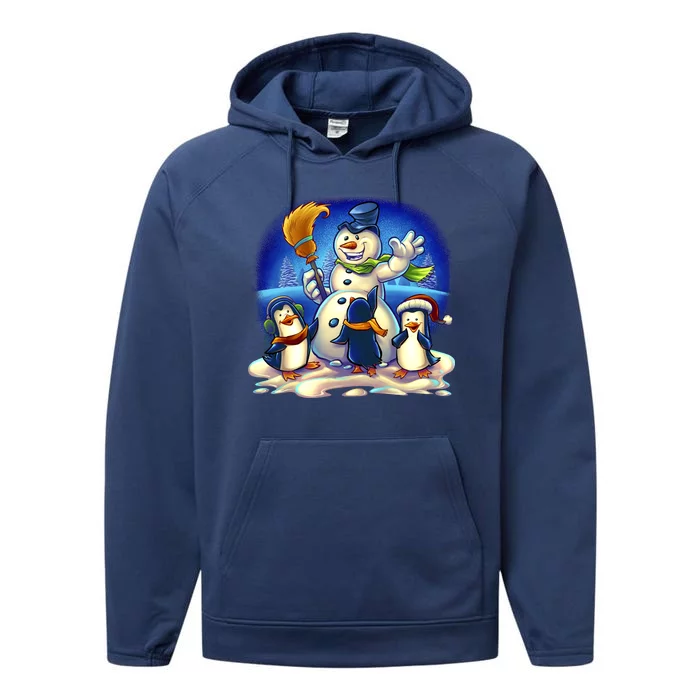 Snowman With Penguins Having Fun Performance Fleece Hoodie