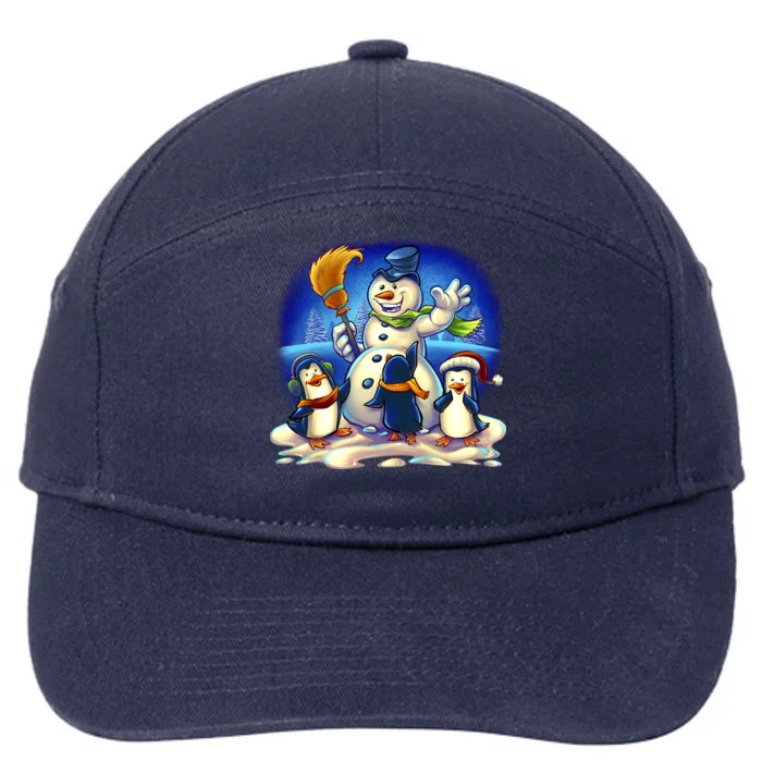 Snowman With Penguins Having Fun 7-Panel Snapback Hat