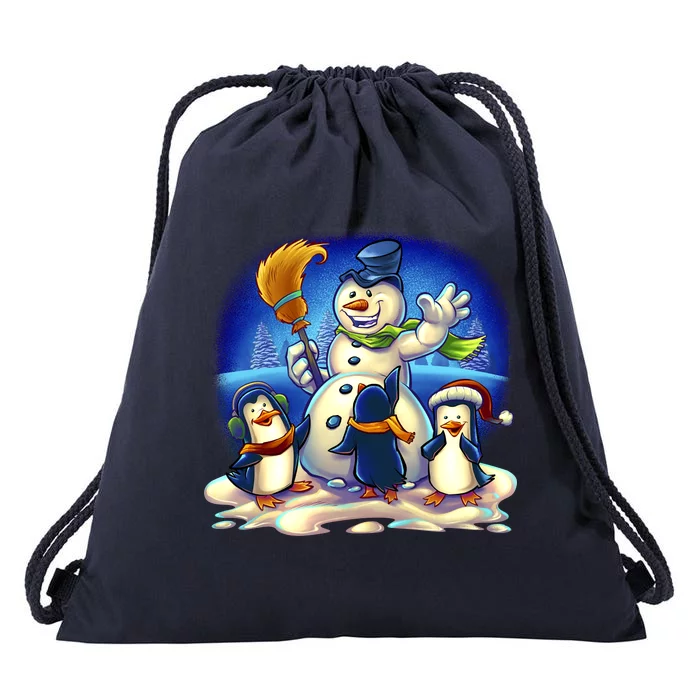 Snowman With Penguins Having Fun Drawstring Bag