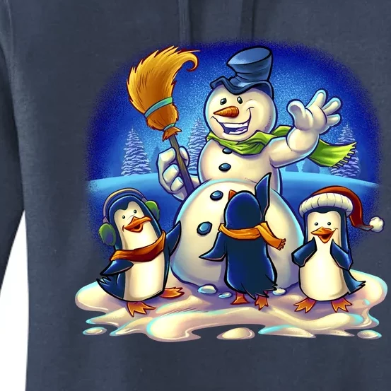 Snowman With Penguins Having Fun Women's Pullover Hoodie