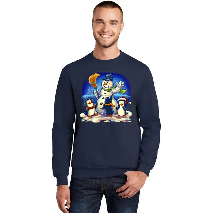 Snowman With Penguins Having Fun Tall Sweatshirt